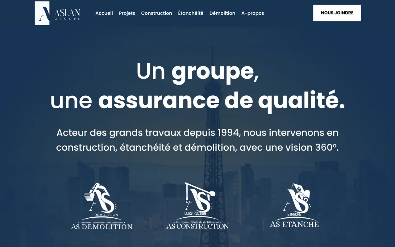 Le site d’Aslan Groupe, gros œuvre, Île-de-France, réalisé par Odratta