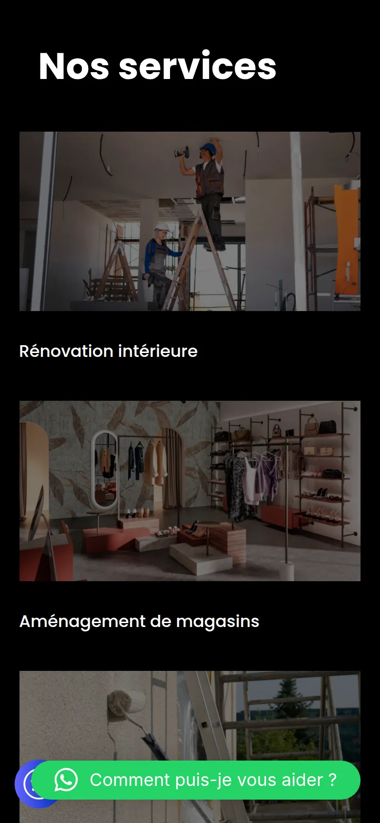 Section « Services » de l’accueil du site d’ADLR Rénovation, sur téléphone.
