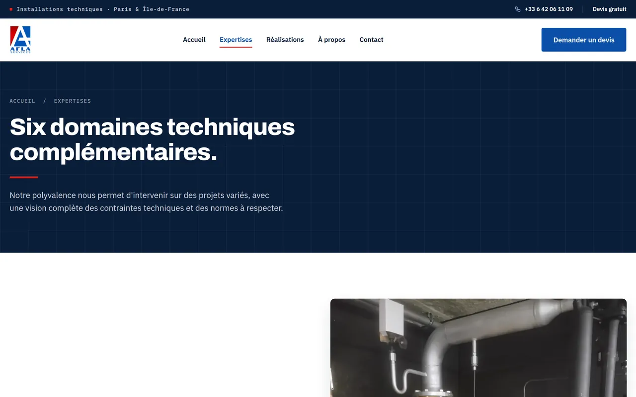 Page « Expertises » du site d’AFLA SERVICES, sur ordinateur.