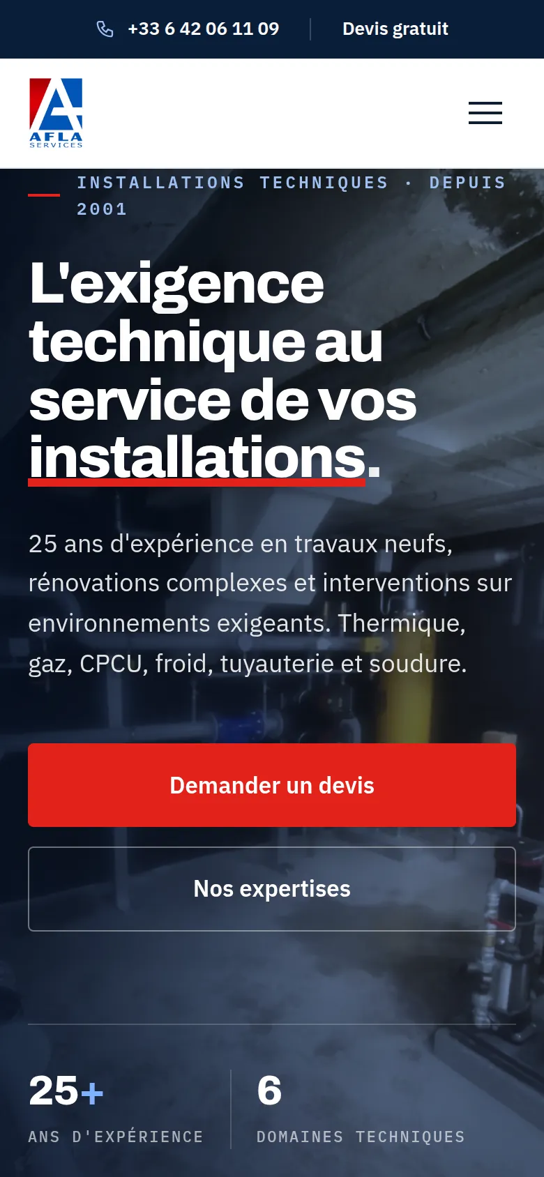 Page d’accueil du site d’AFLA SERVICES, sur téléphone.