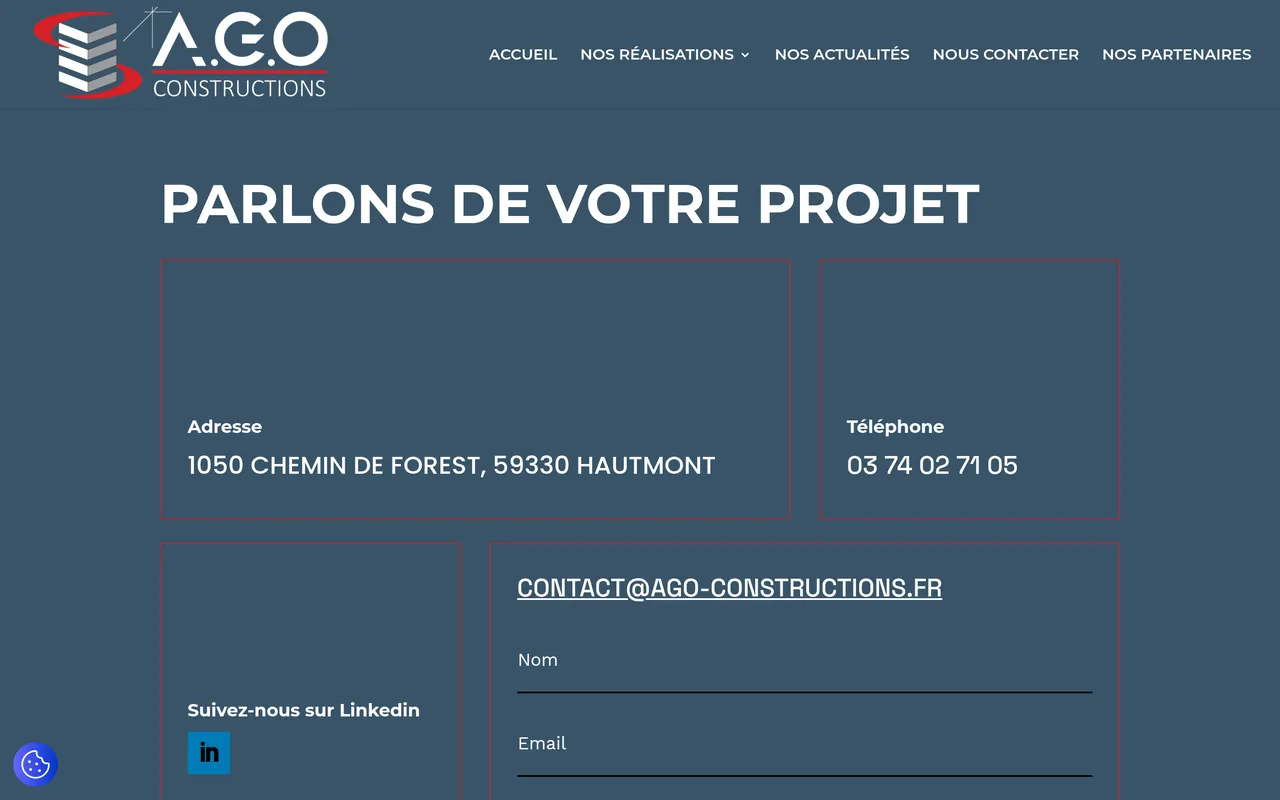 Page « Nous contacter » du site d’A.G.O. Constructions, sur ordinateur.