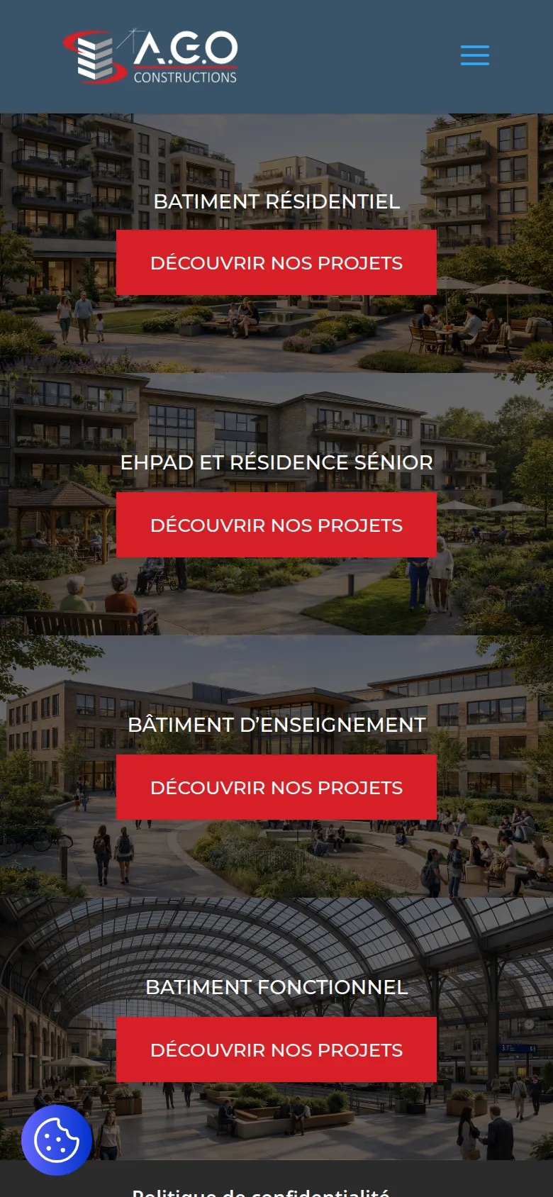 Page « Nos réalisations » du site d’A.G.O. Constructions, sur téléphone.