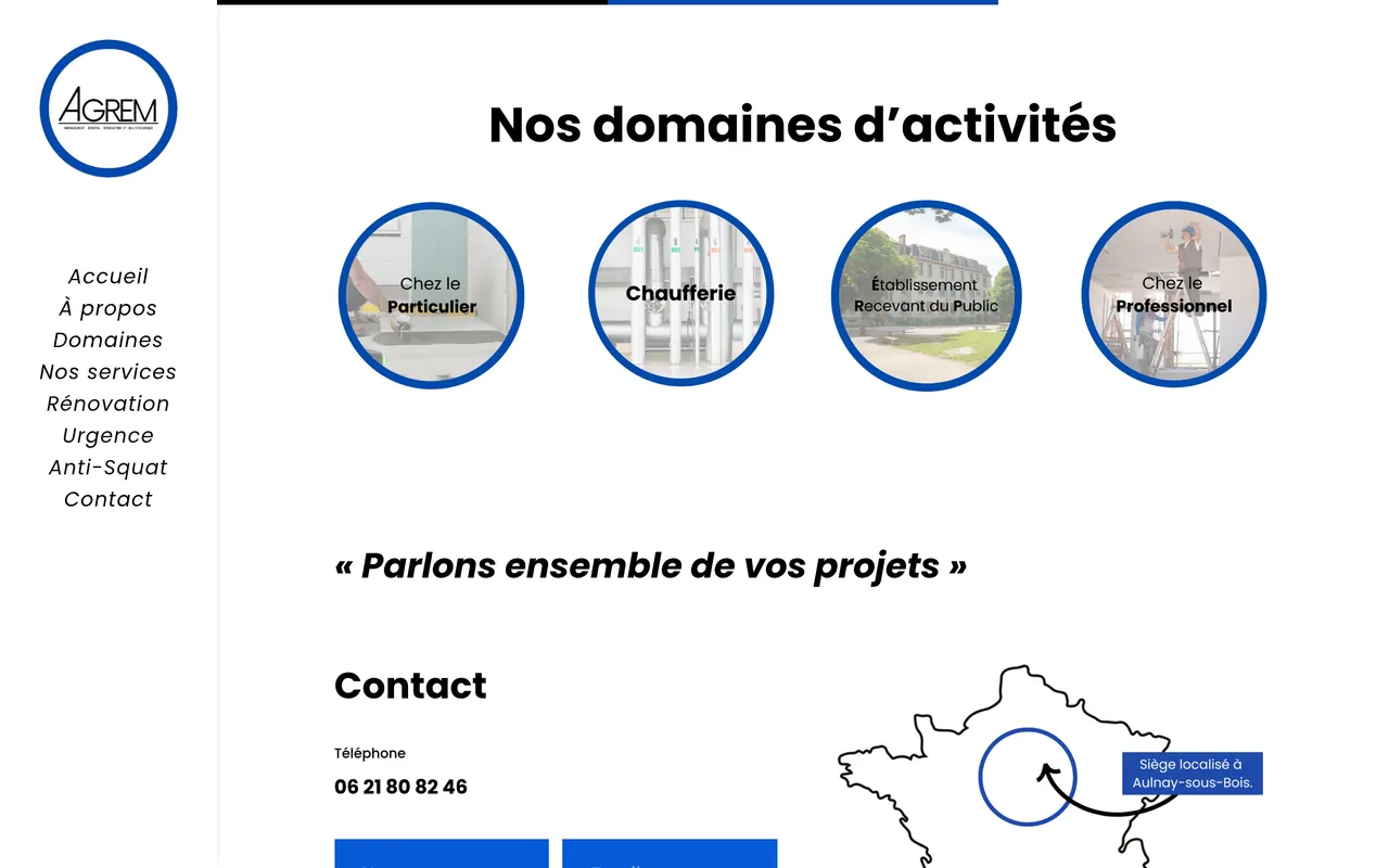 Section « Domaines » de l’accueil du site d’Agrem, sur ordinateur.