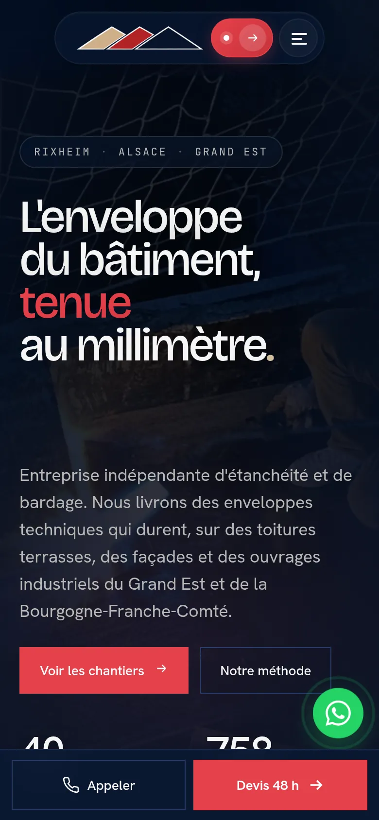 Page d’accueil du site d’AKAR Étanchéité, sur téléphone.