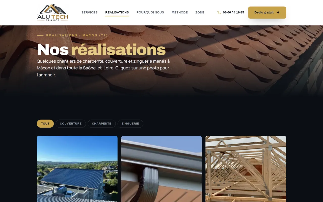 Page « Réalisations » du site d’ALU TECH FRANCE, sur ordinateur.