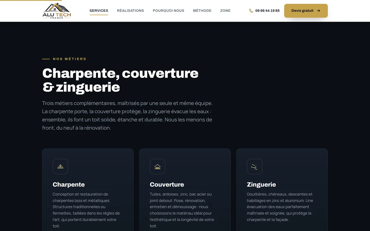 Section « Services » de l’accueil du site d’ALU TECH FRANCE, sur ordinateur.