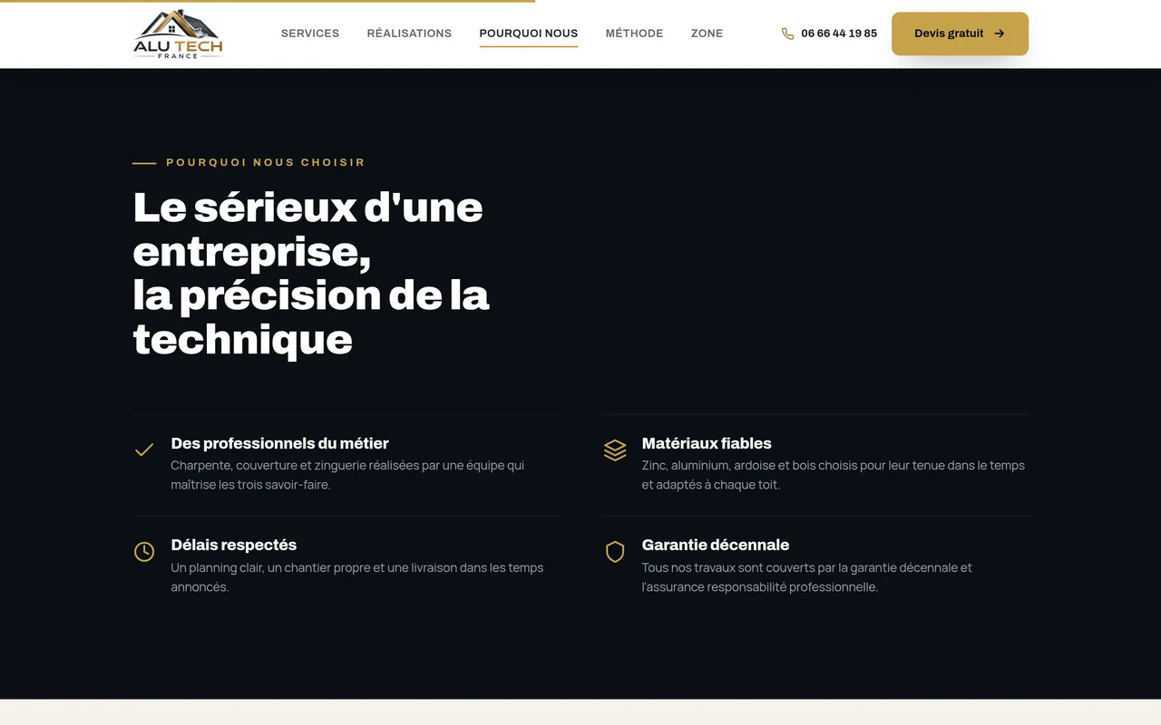 Section « Pourquoi nous » de l’accueil du site d’ALU TECH FRANCE, sur ordinateur.