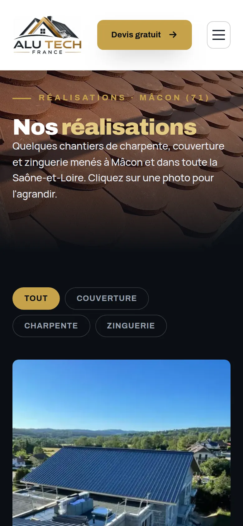 Page « Réalisations » du site d’ALU TECH FRANCE, sur téléphone.