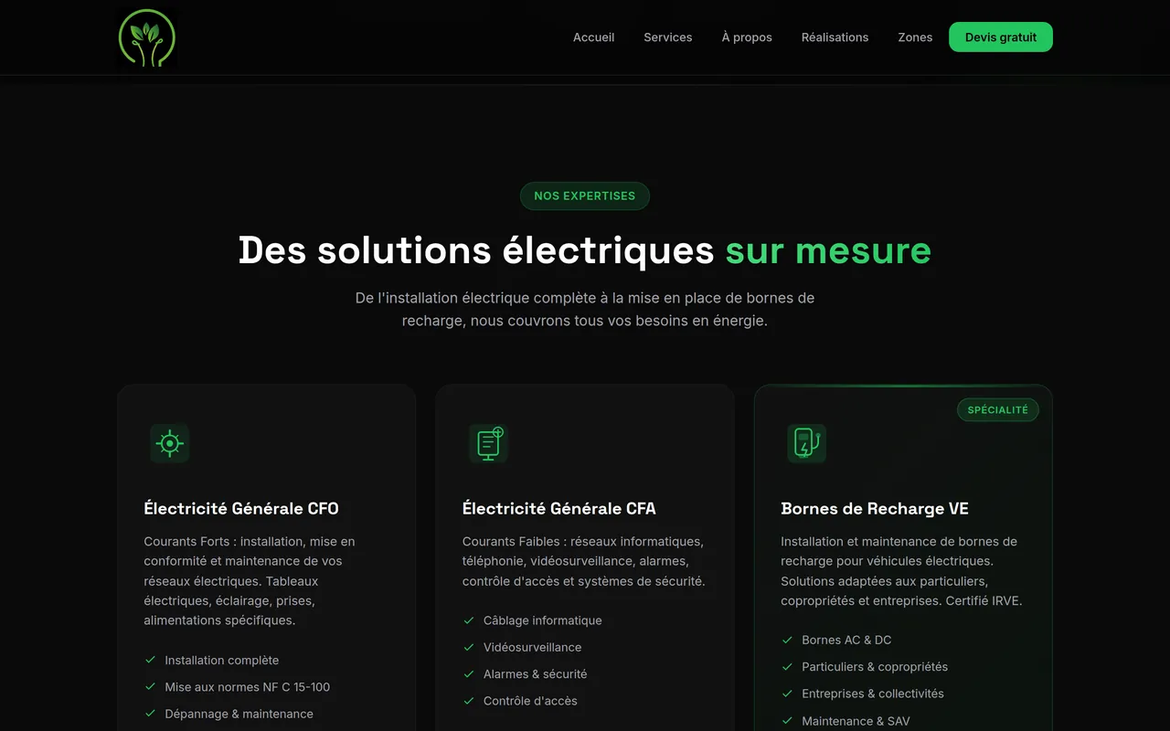 Section « Services » de l’accueil du site d’Amperelec Energy, sur ordinateur.