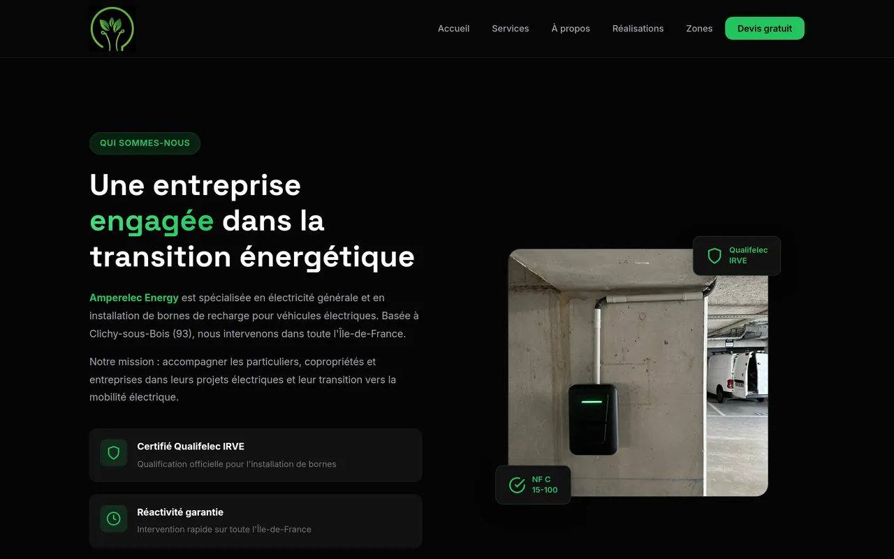 Section « À propos » de l’accueil du site d’Amperelec Energy, sur ordinateur.