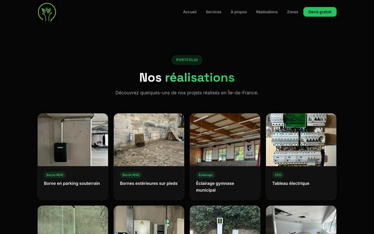 Section « Réalisations » de l’accueil du site d’Amperelec Energy, sur ordinateur.