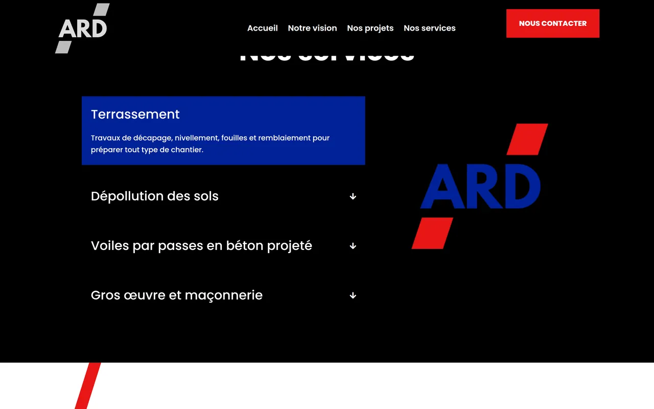 Section « Nos services » de l’accueil du site d’ARD Construction, sur ordinateur.