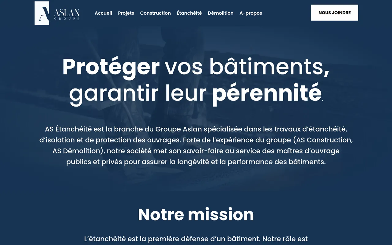 Page « Étanchéité » du site d’Aslan Groupe, sur ordinateur.