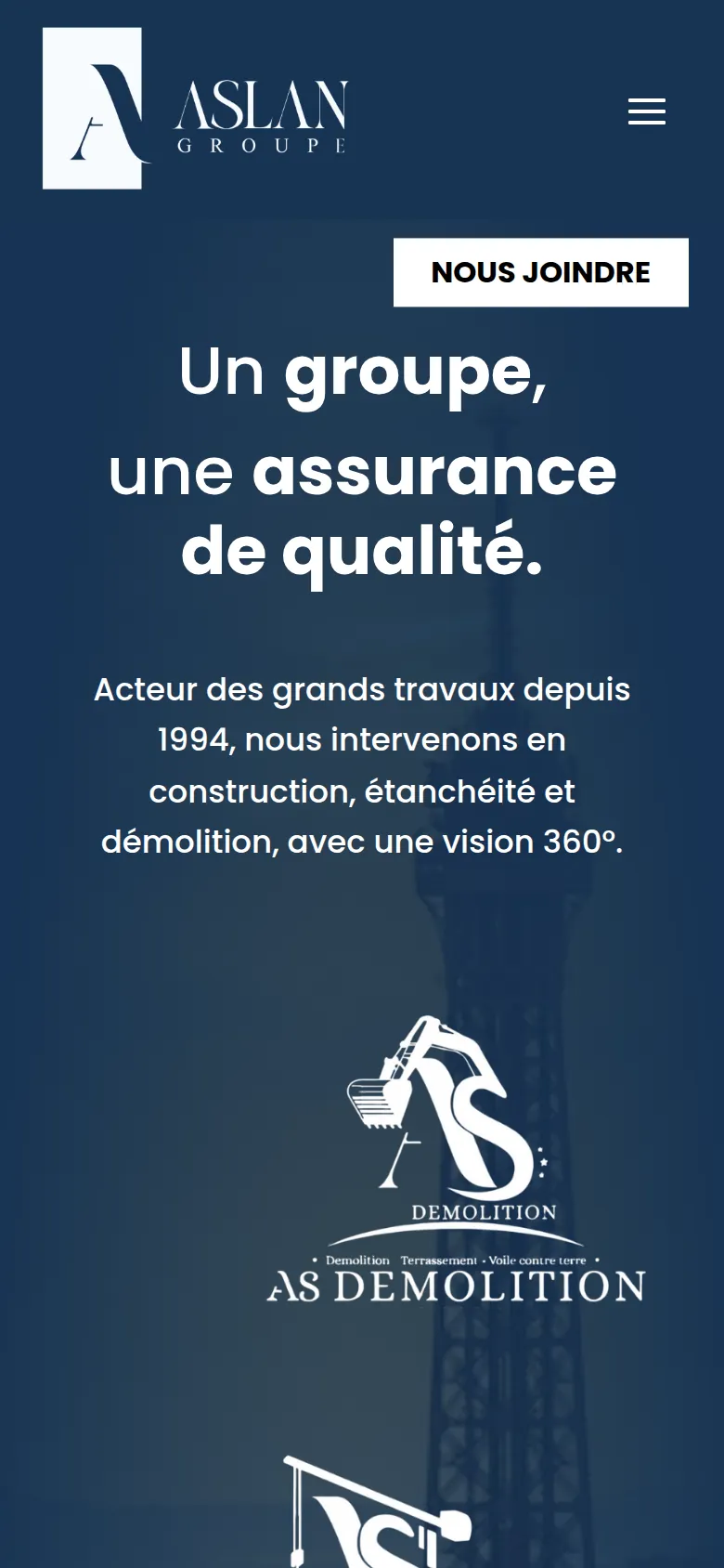Page d’accueil du site d’Aslan Groupe, sur téléphone.