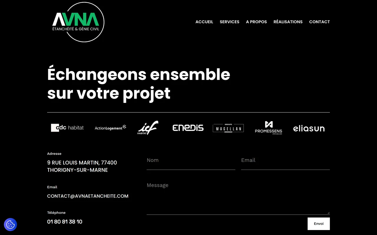 Page « Contact » du site d’Avna Etancheite, sur ordinateur.
