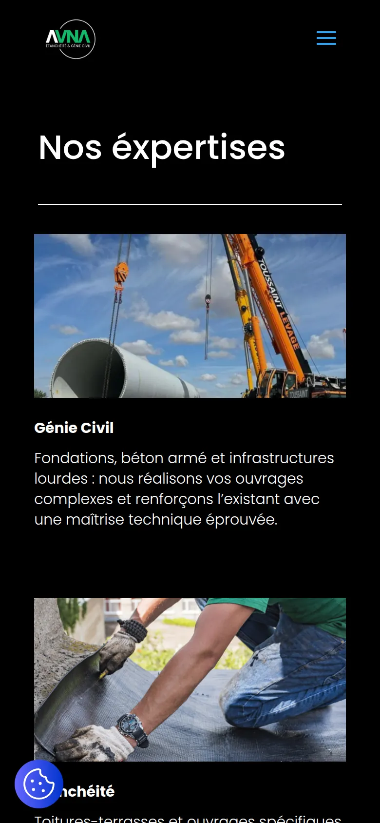 Page « Services » du site d’Avna Etancheite, sur téléphone.