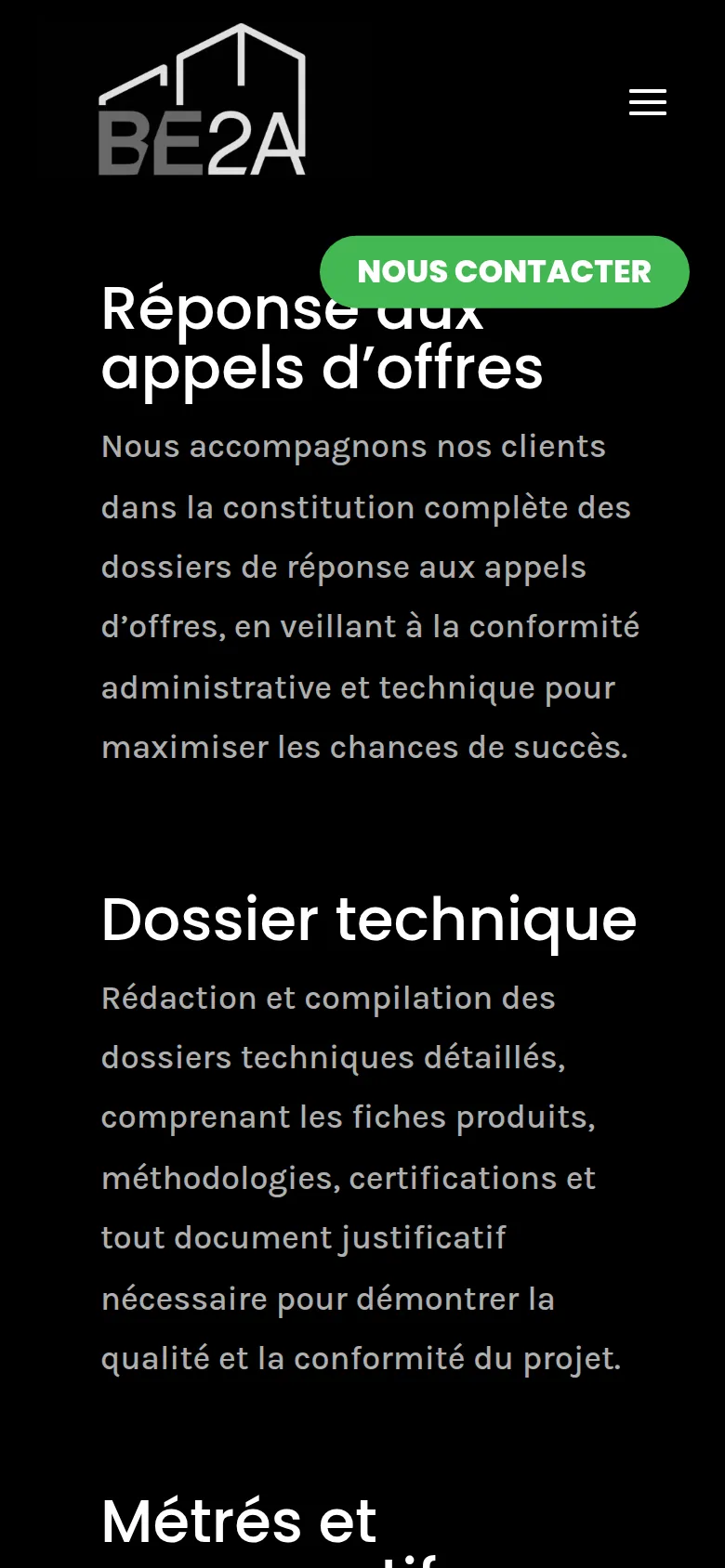 Section « Services » de l’accueil du site de BE2A, sur téléphone.