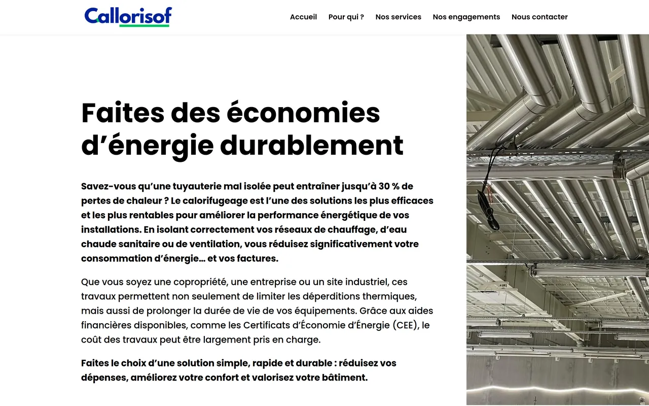 Section « Nos engagements » de l’accueil du site de Callorisof, sur ordinateur.