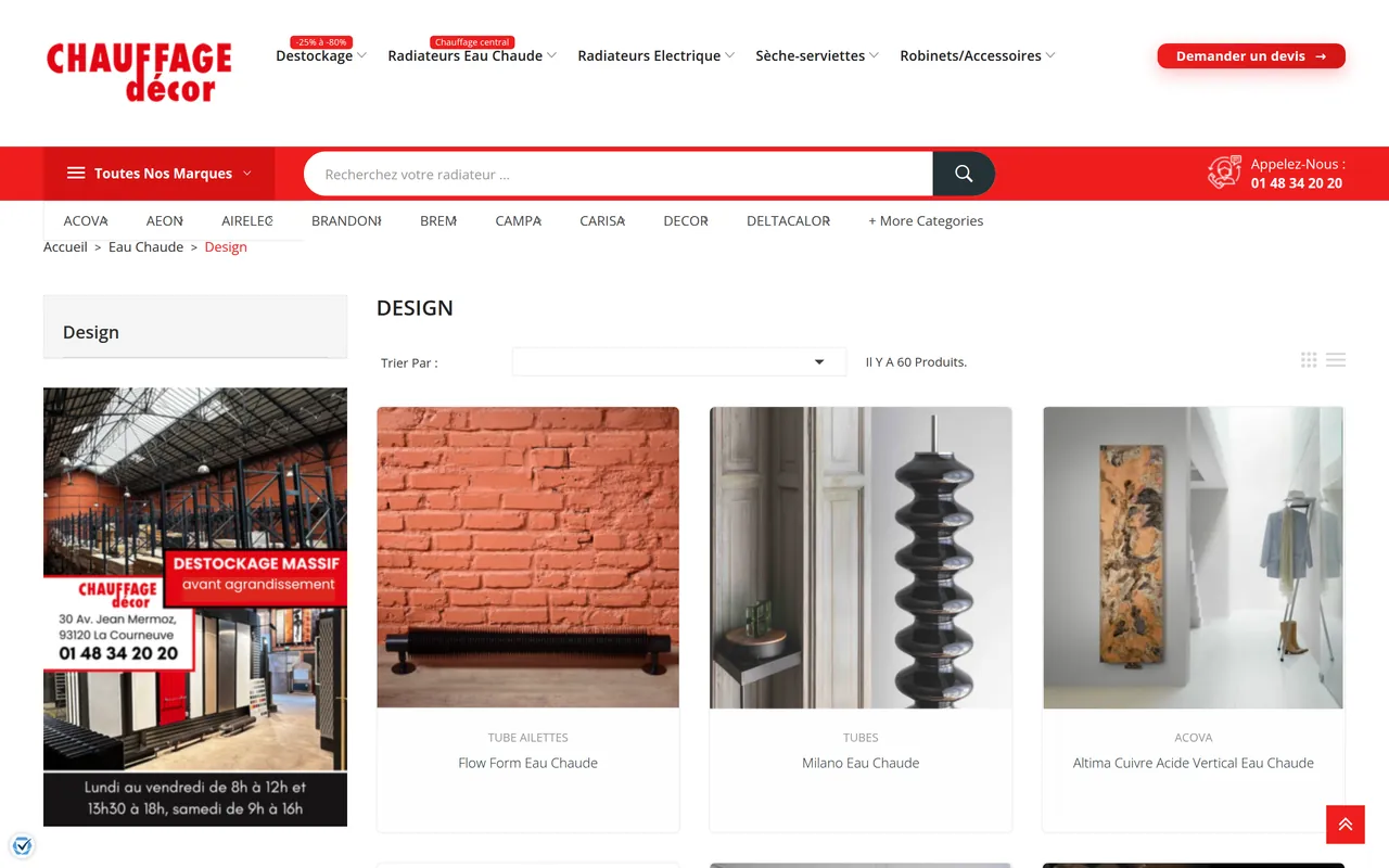 Page « Radiateurs design » du site de Chauffage Décor, sur ordinateur.