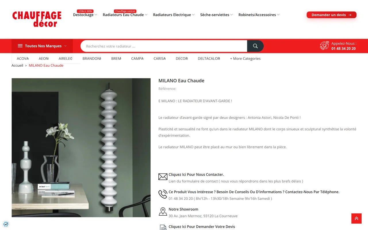 Page « Fiche produit » du site de Chauffage Décor, sur ordinateur.