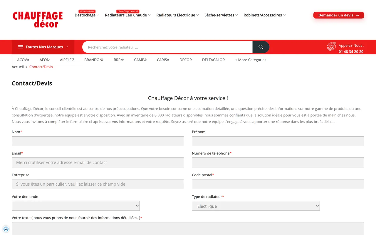 Page « Demande de devis » du site de Chauffage Décor, sur ordinateur.