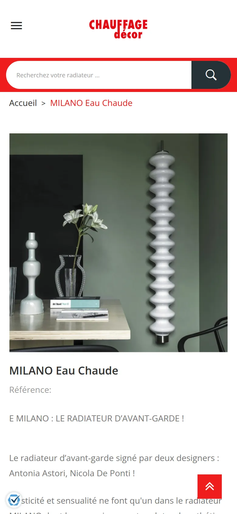 Page « Fiche produit » du site de Chauffage Décor, sur téléphone.