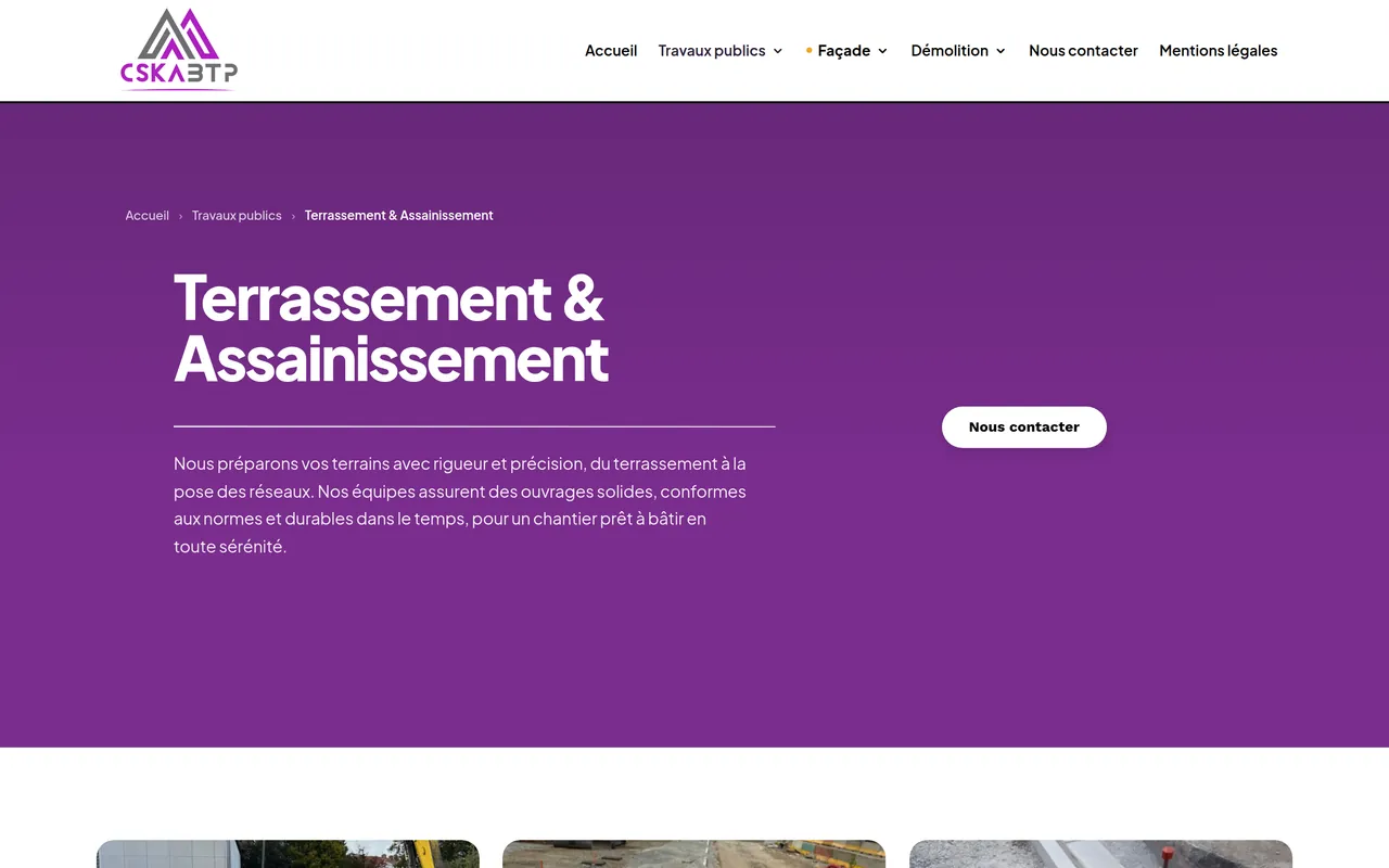 Page « Terrassement et assainissement » du site de CSKA BTP, sur ordinateur.