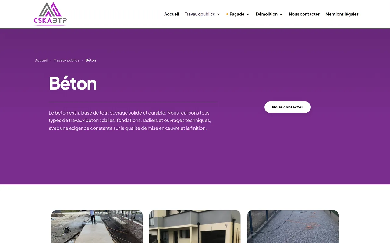 Page « Béton » du site de CSKA BTP, sur ordinateur.