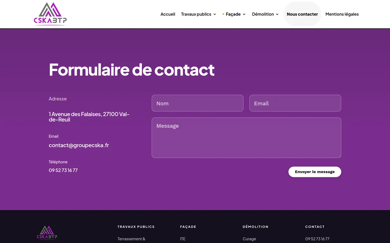 Page « Nous contacter » du site de CSKA BTP, sur ordinateur.