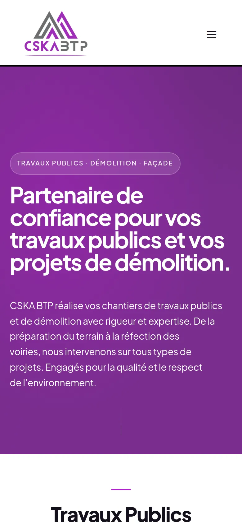 Page d’accueil du site de CSKA BTP, sur téléphone.