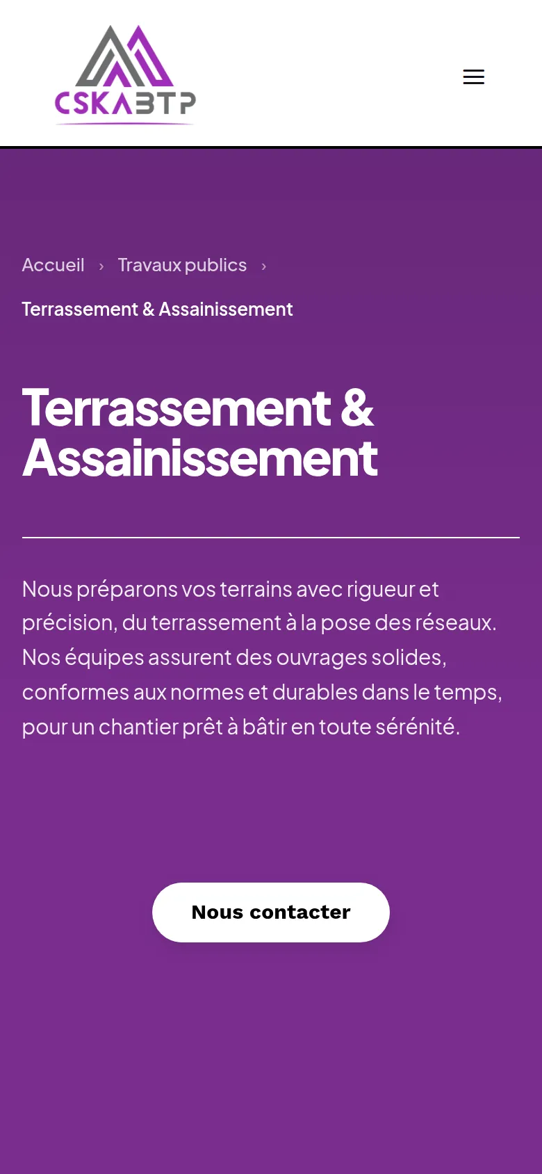 Page « Terrassement et assainissement » du site de CSKA BTP, sur téléphone.