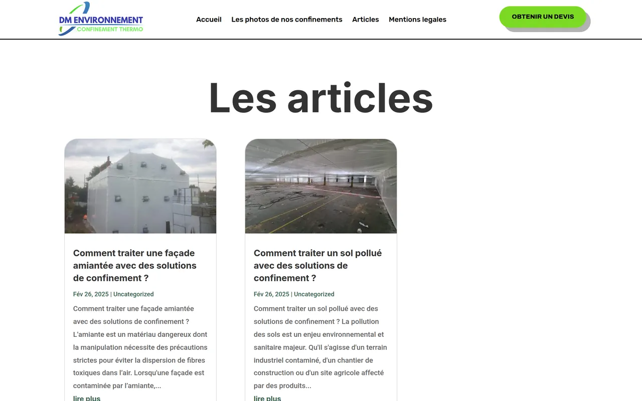 Page « Articles » du site de DM Environnement, sur ordinateur.