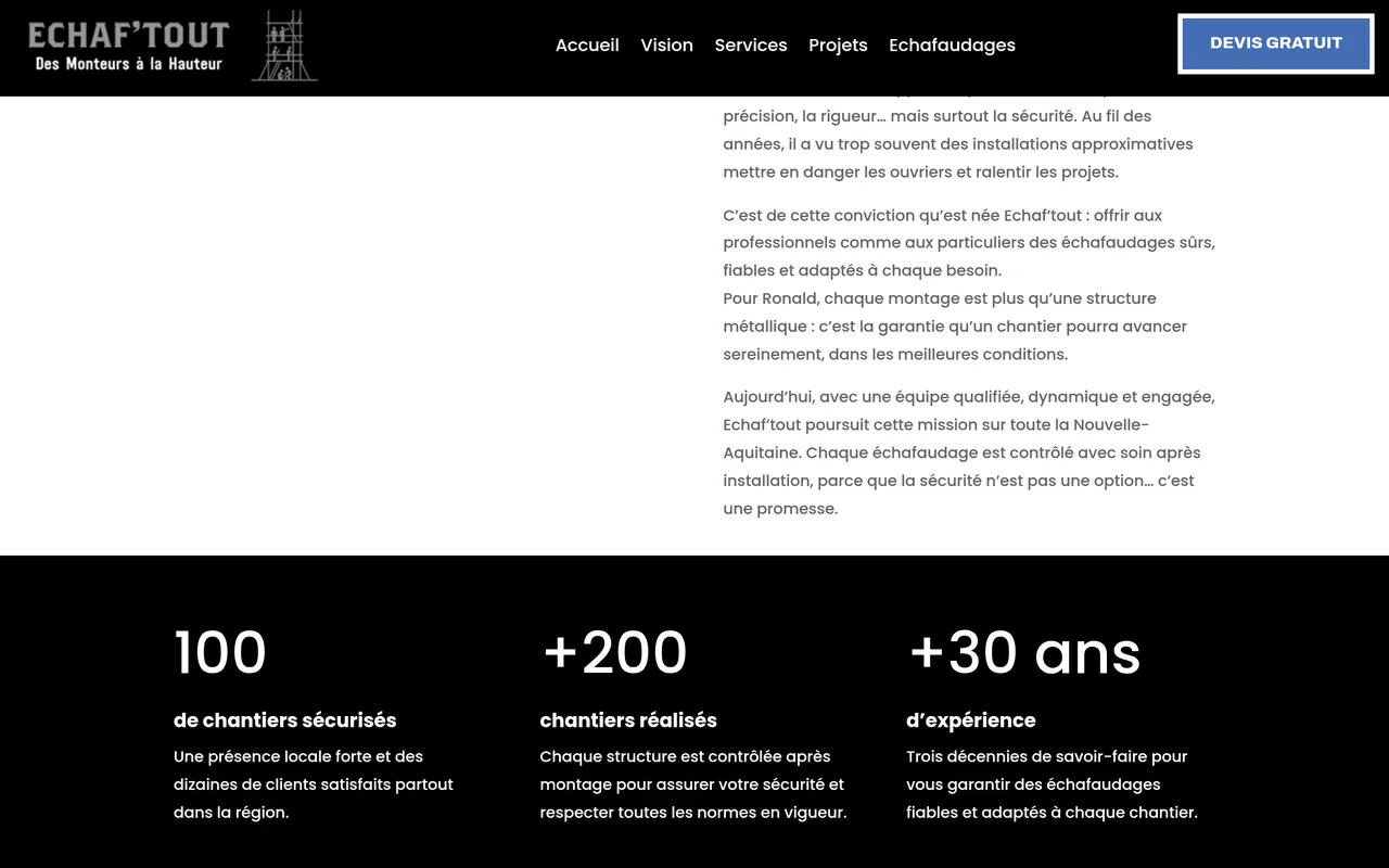 Section « Vision » de l’accueil du site d’Echaf’tout, sur ordinateur.