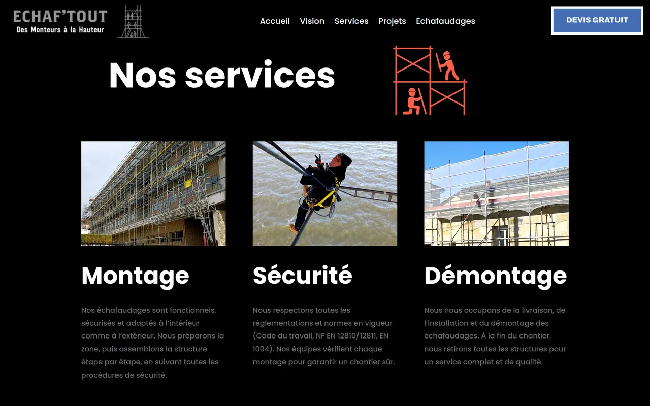 Section « Services » de l’accueil du site d’Echaf’tout, sur ordinateur.
