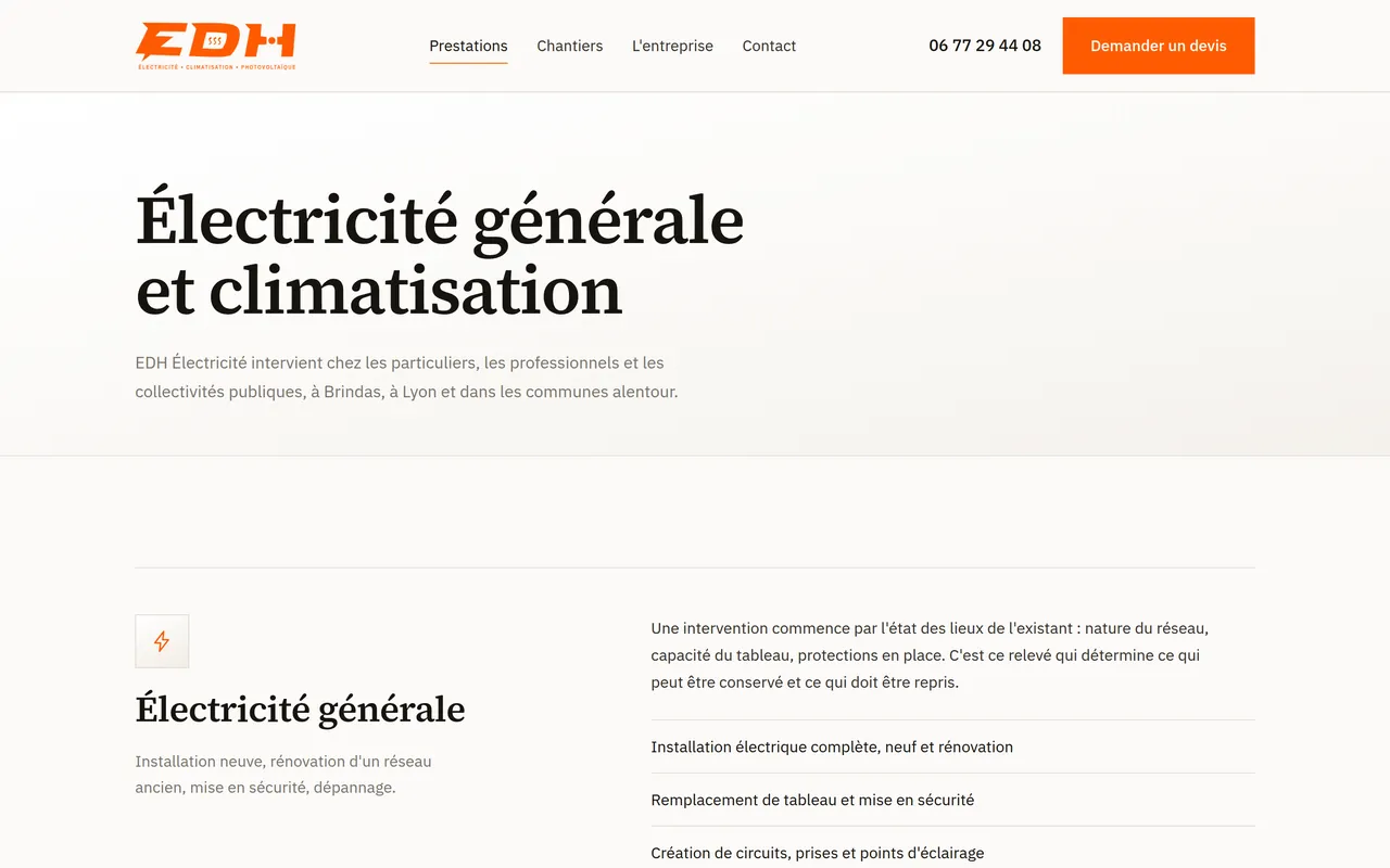 Page « Prestations » du site d’EDH Électricité, sur ordinateur.