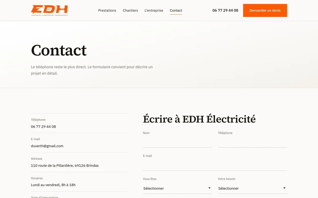 Page « Contact » du site d’EDH Électricité, sur ordinateur.