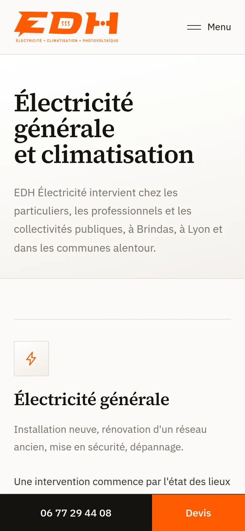 Page « Prestations » du site d’EDH Électricité, sur téléphone.