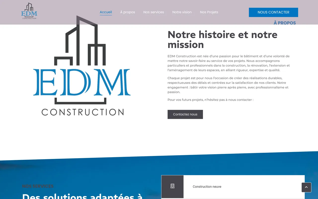 Section « À propos » de l’accueil du site d’EDM Construction, sur ordinateur.