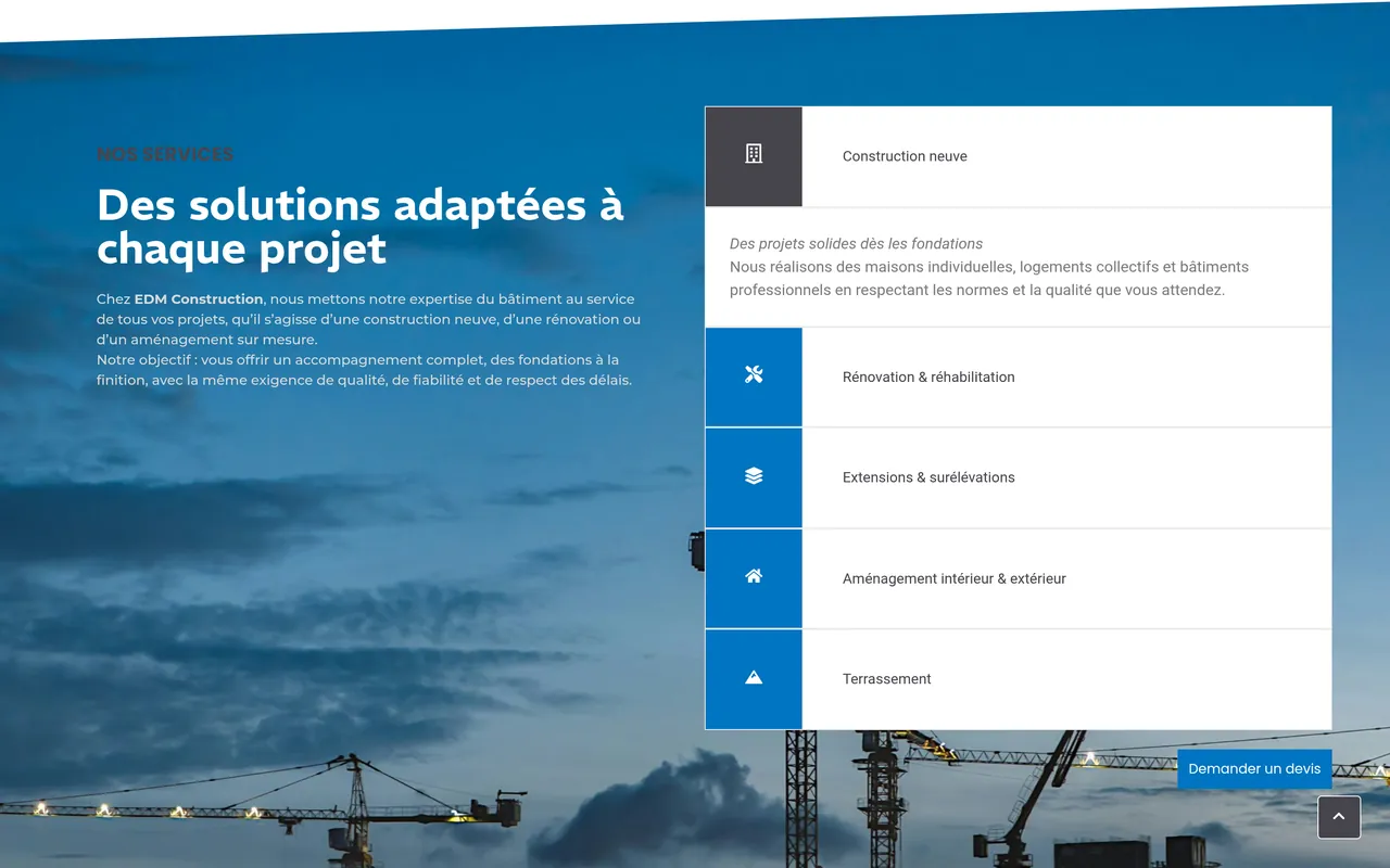 Section « Nos services » de l’accueil du site d’EDM Construction, sur ordinateur.
