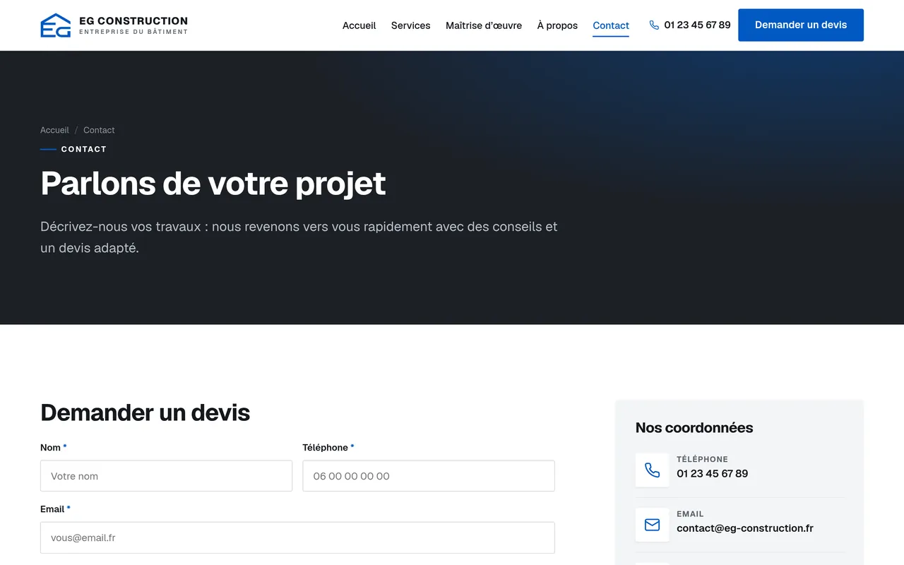 Page « Contact » du site d’EG Construction, sur ordinateur.