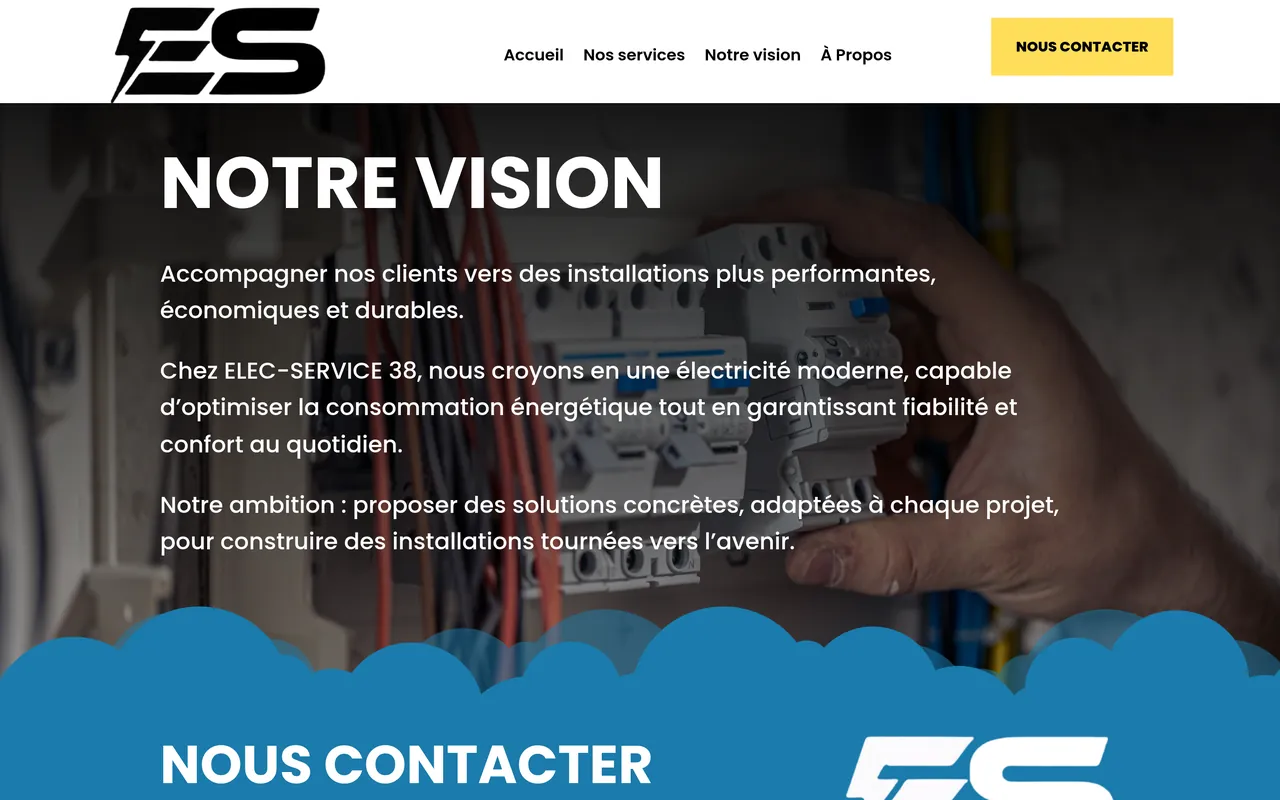 Section « Notre vision » de l’accueil du site d’Elec Service, sur ordinateur.