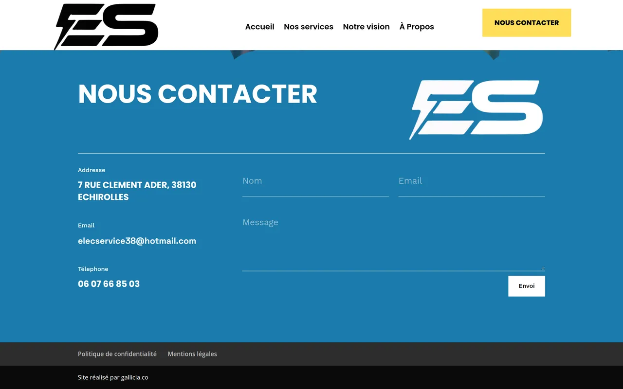Section « Nous contacter » de l’accueil du site d’Elec Service, sur ordinateur.
