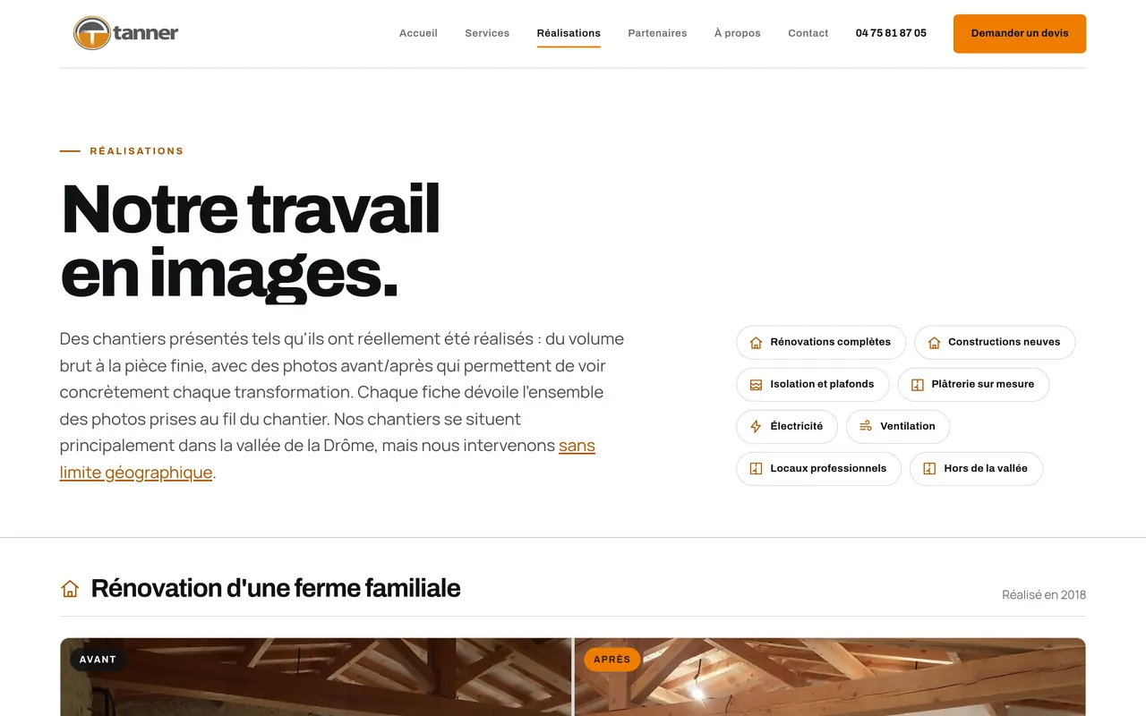 Page « Réalisations » du site d’Entreprise Tanner, sur ordinateur.