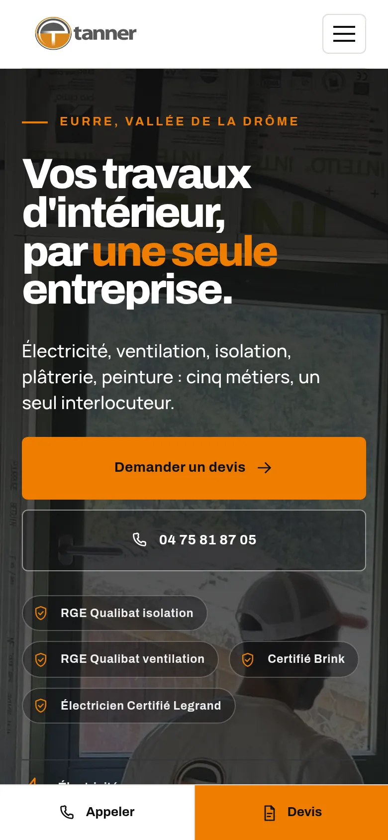 Page d’accueil du site d’Entreprise Tanner, sur téléphone.