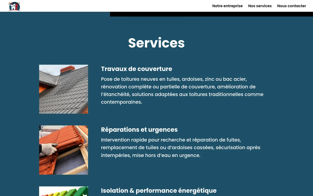 Section « Nos services » de l’accueil du site d’ETS Toiture Joseph, sur ordinateur.