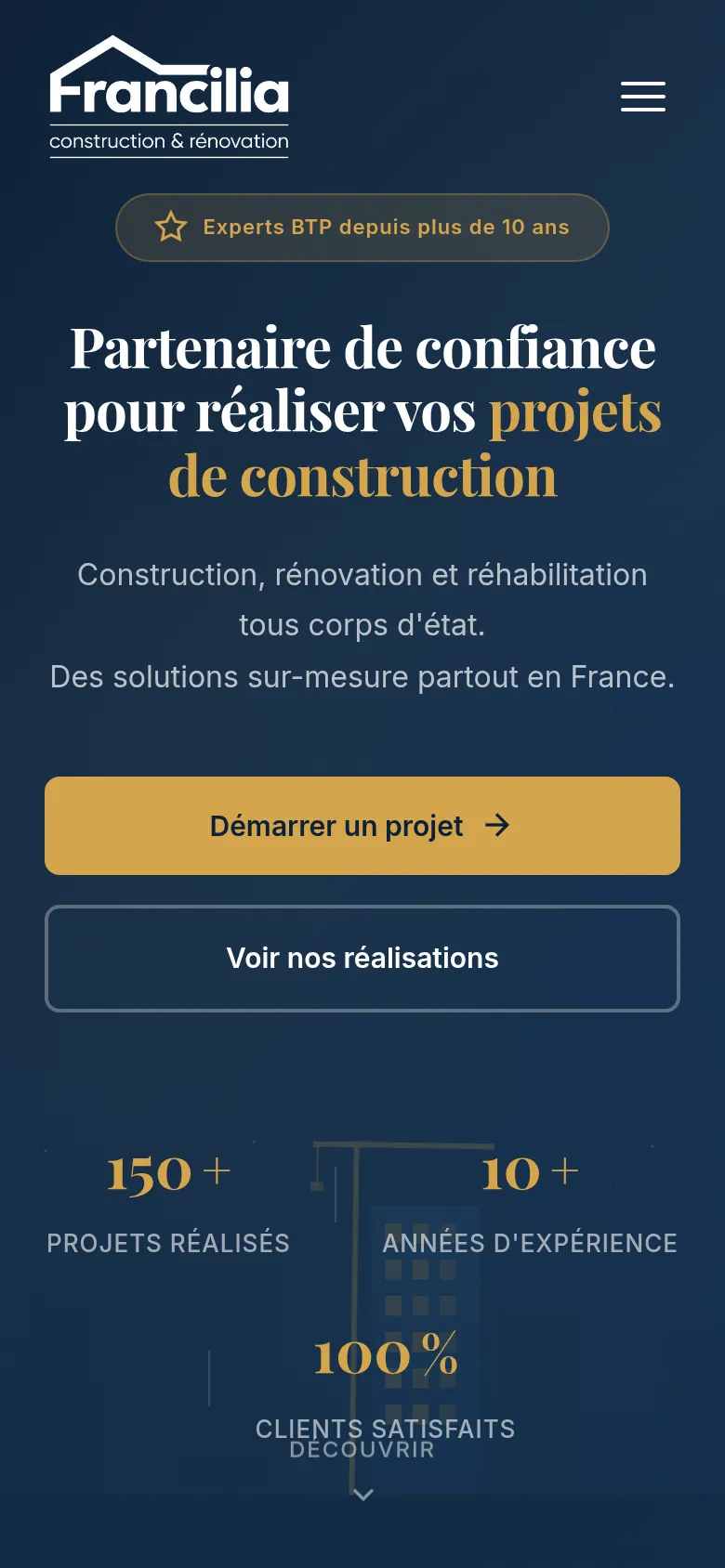 Page d’accueil du site de Francilia, sur téléphone.