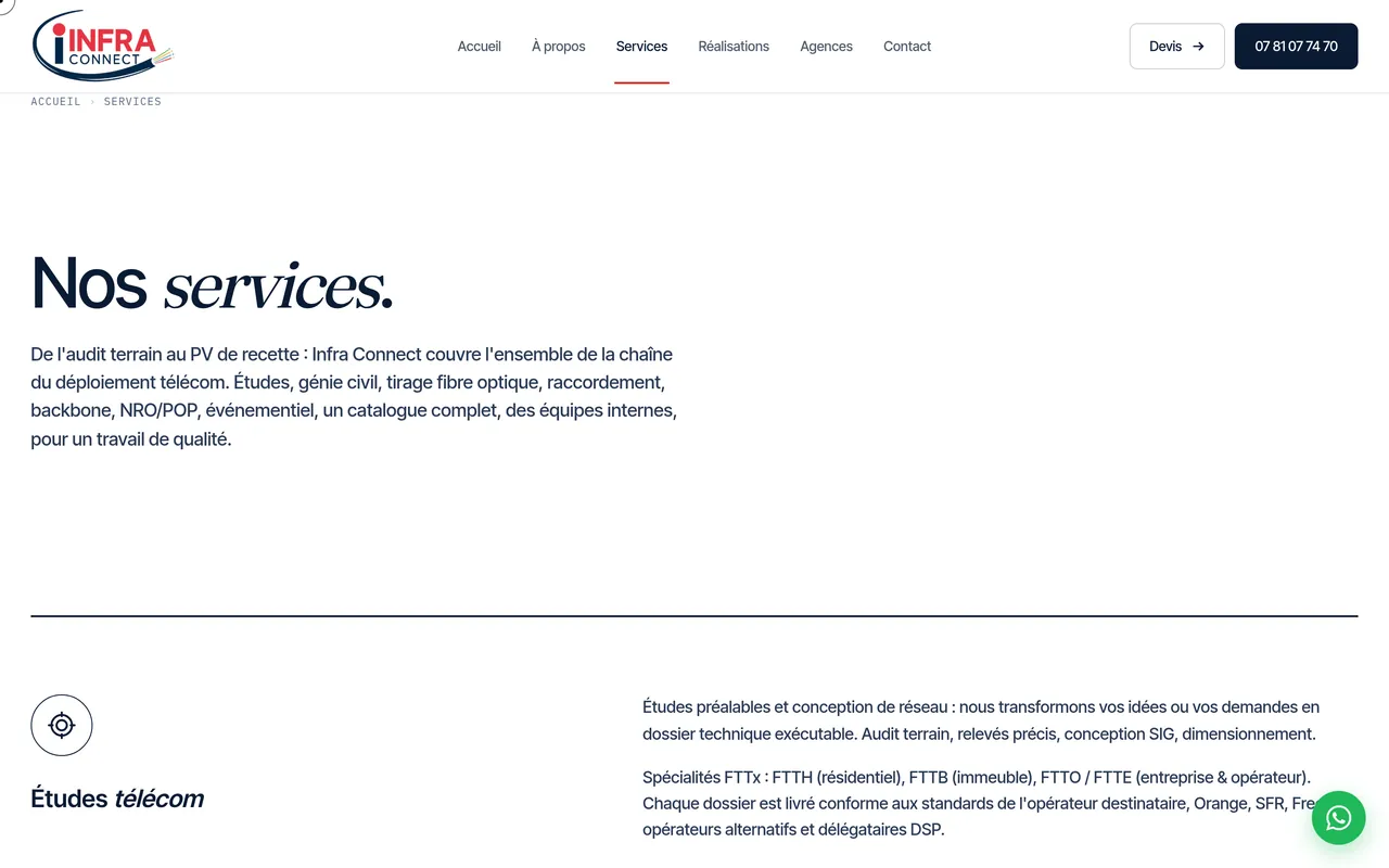 Page « Services » du site d’Infra Connect, sur ordinateur.
