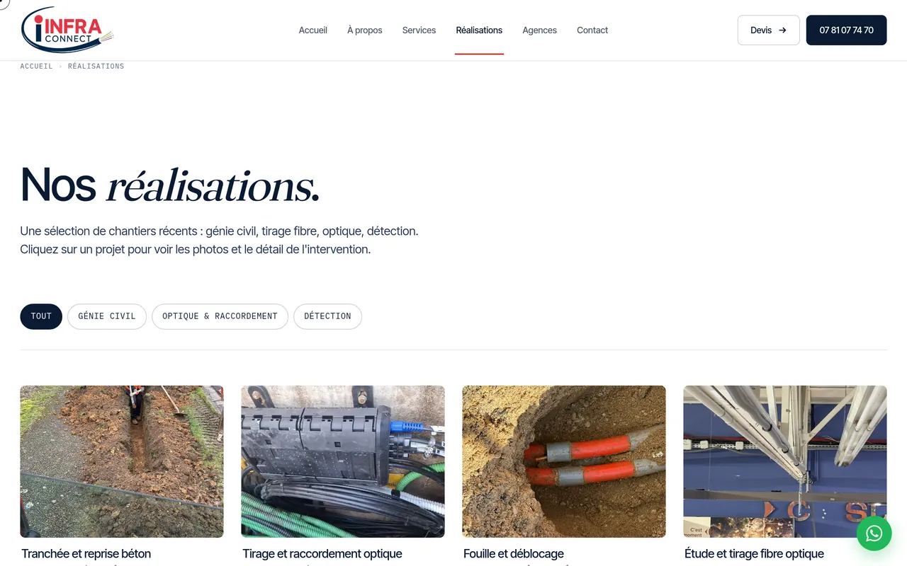 Page « Réalisations » du site d’Infra Connect, sur ordinateur.
