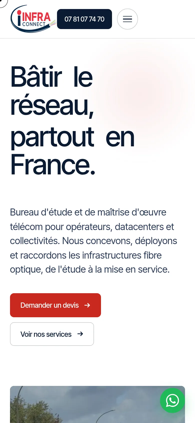 Page d’accueil du site d’Infra Connect, sur téléphone.