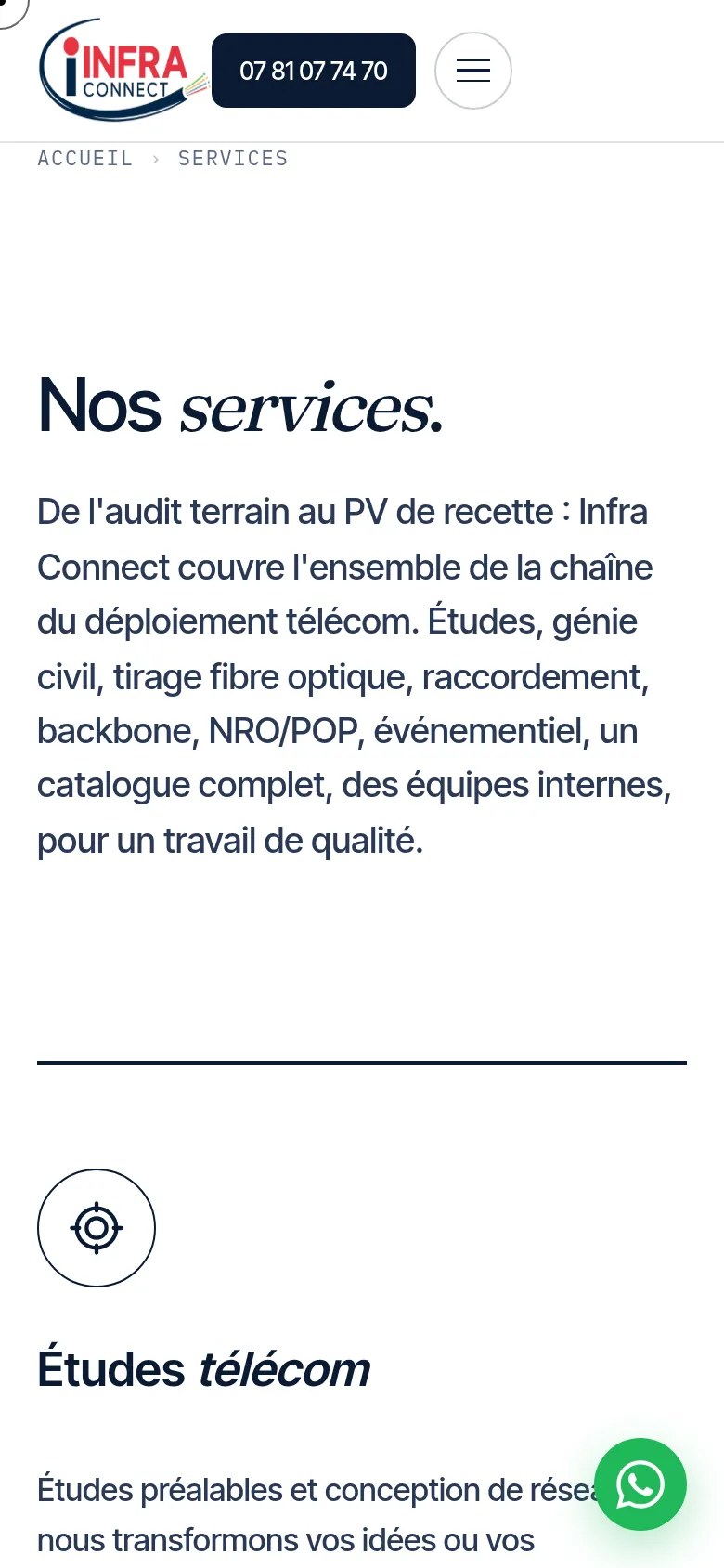 Page « Services » du site d’Infra Connect, sur téléphone.
